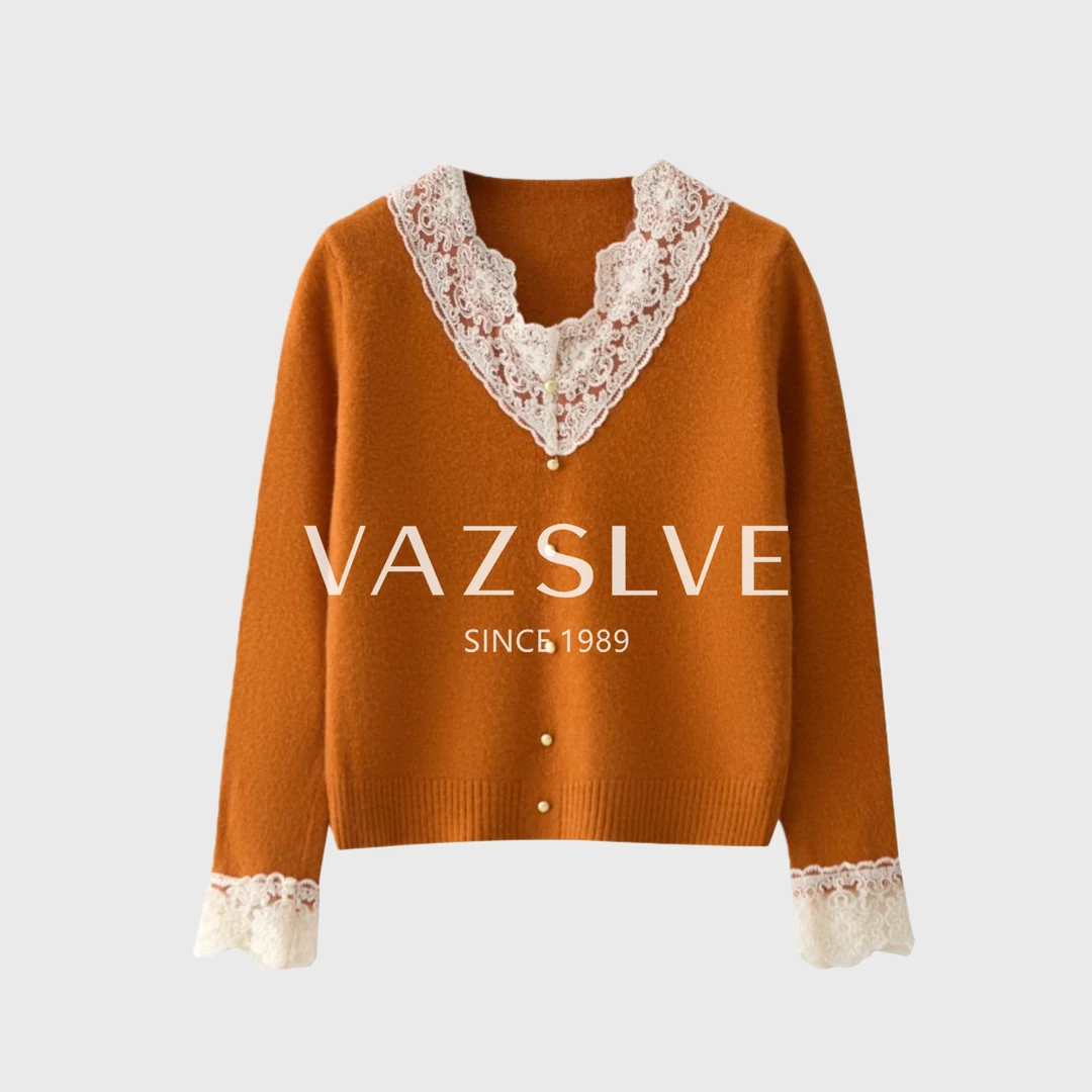 【VAZSLVE/全新奢品】捡漏"法式浪漫" 羊毛蕾丝V领针织毛衣msl1185