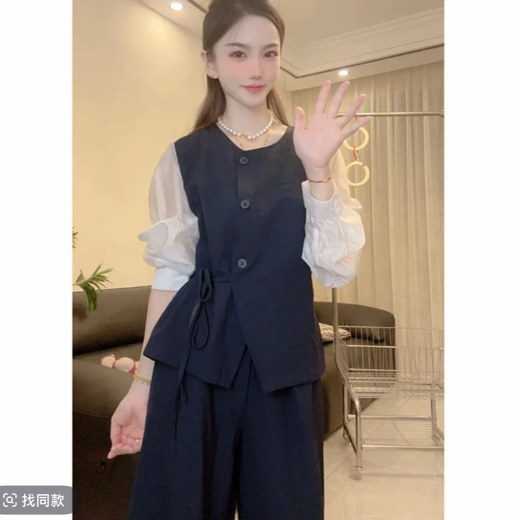 2025秋季新款休闲风慵懒风通勤法式时尚套装拼接女装上衣+裤子