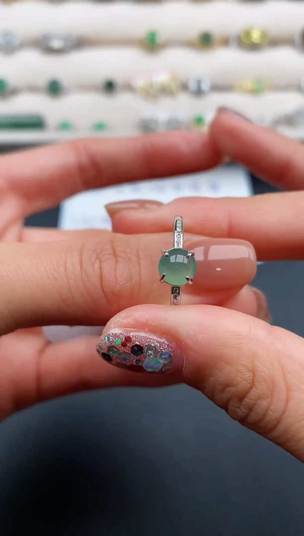 银S925镶嵌戒指翡翠缅甸天然A货翡翠222   5-7