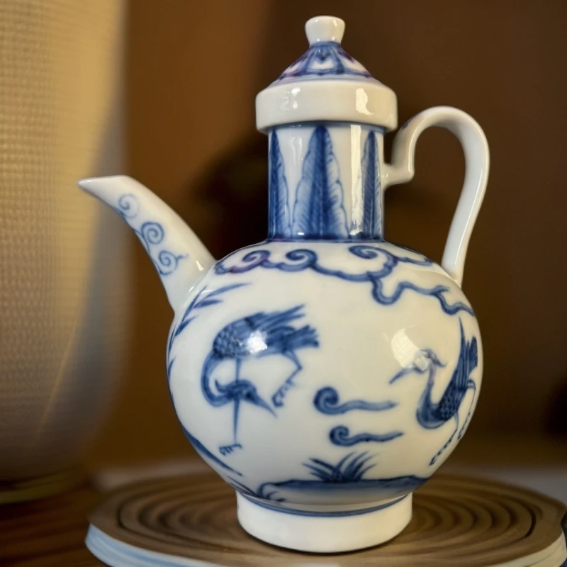 明风格青花芦苇白鹿图案陶瓷小茶壶茶具手工手绘
