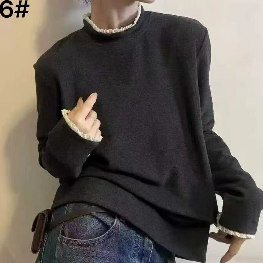 【乐哈】秋冬长袖半高领双面绒保暖显瘦百搭蕾丝边打底衫上衣女