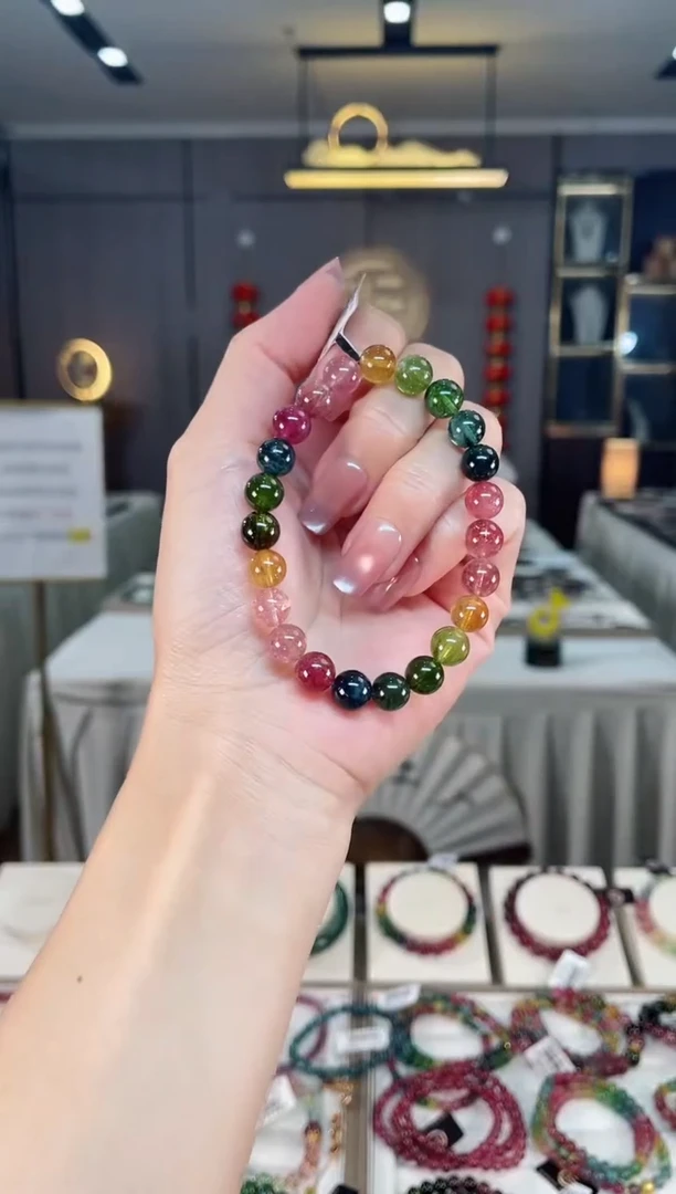 未镶嵌冰透体老矿碧玺色标彩虹单圈手串8mm+碧玺hon多样性发一条