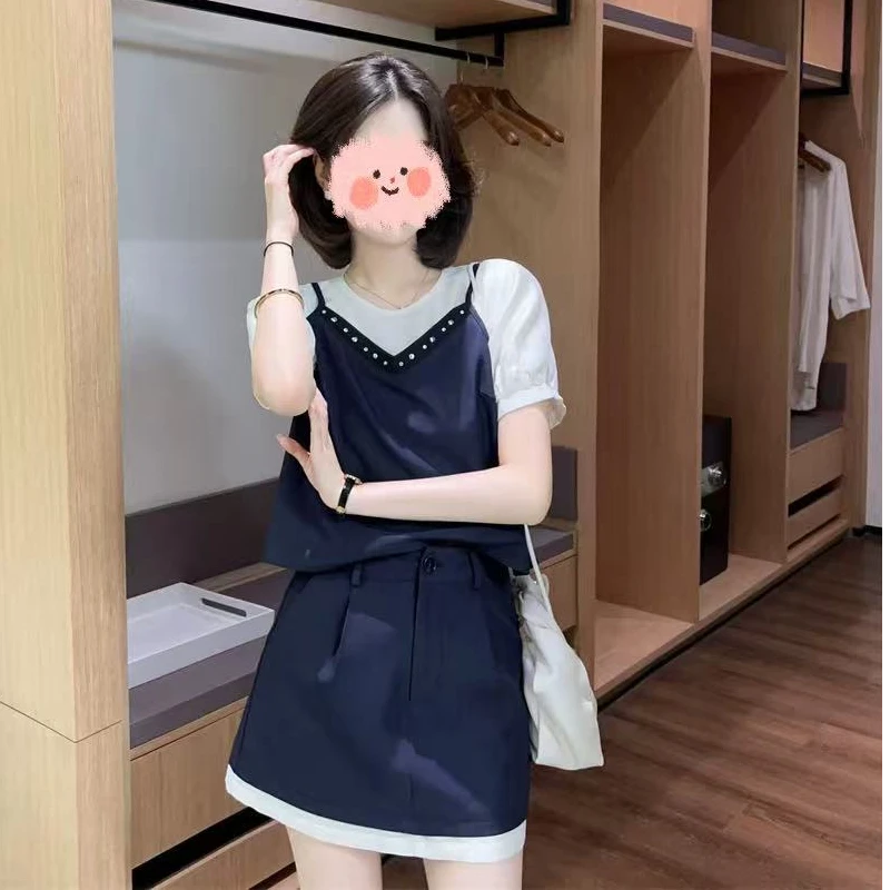 小香风吊带假两件短袖上衣高级感洋气套装女2025新款短裤两件套