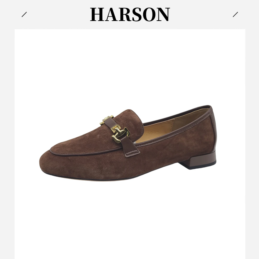 Harson/哈森朋克风乐福鞋圆头单鞋平底方头休闲豆豆鞋棕色230121