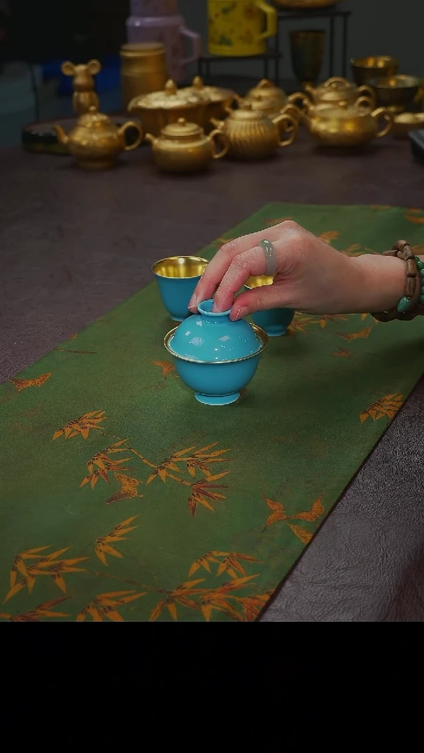 茶杯紫砂【宜景窑松石蓝鎏金系列】盖碗+杯子*2