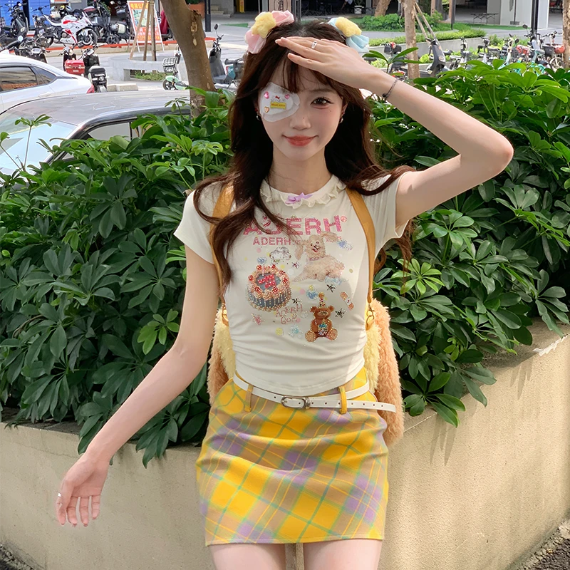 杏运奶芙 织物猪原创 甜美杏色印花T恤上衣女夏季高腰格纹短裙