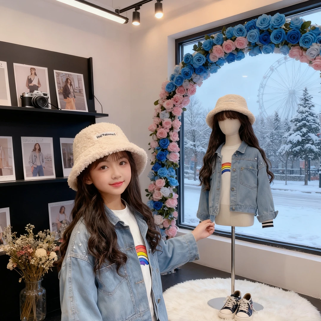 儿童假发帽子外套加绒百搭秋冬户外高档帽子假发帽子大无牙仔帽子