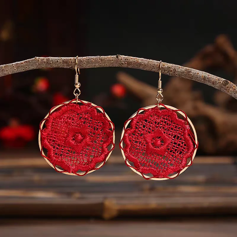 合金耳饰 复古红色编织适合旅游度假拍照大脸显瘦显白耳饰耳环