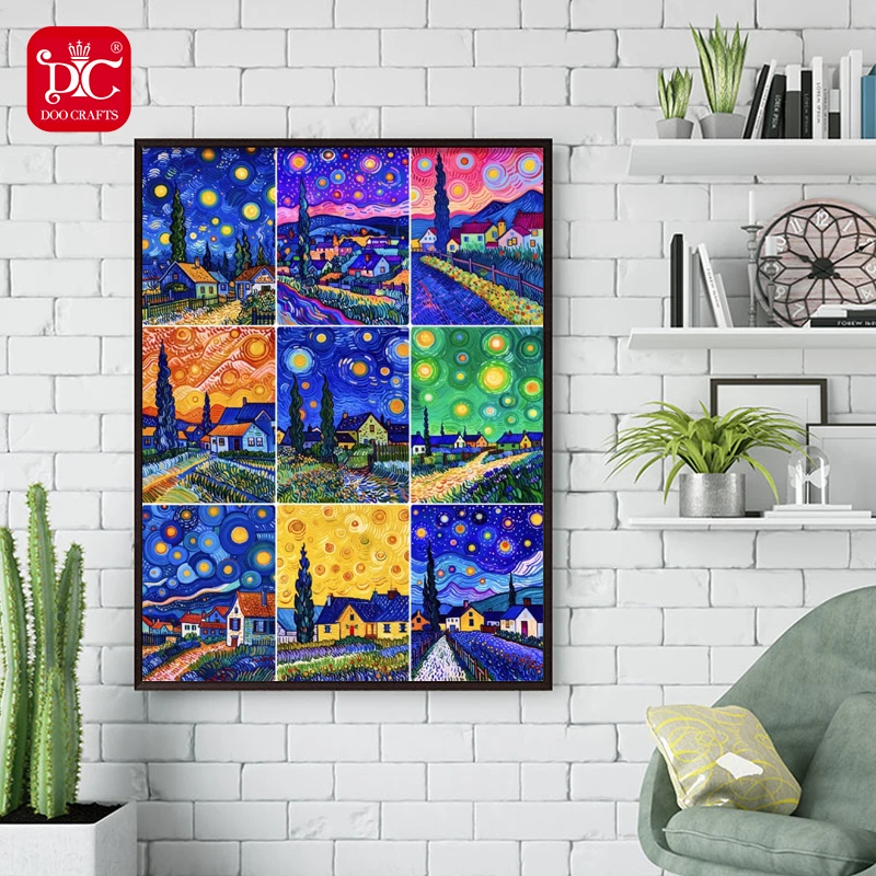 【星空下的村庄】九宫格新中式钻石画手工diy十字绣家居挂画星空