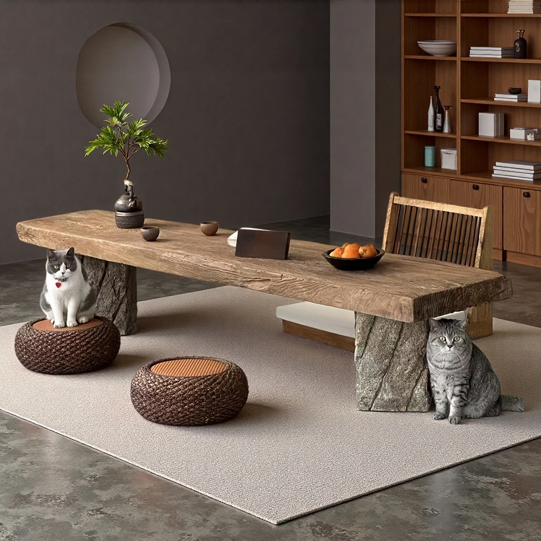 原木大板茶桌茶台风化老木民宿餐桌设计师石头石木茶室泡茶桌