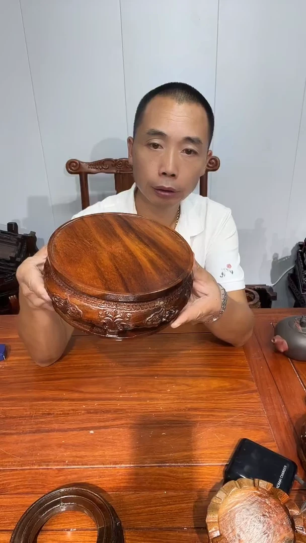木大***～瑕疵处理款老花整木雕刻圆形底座17*20*8