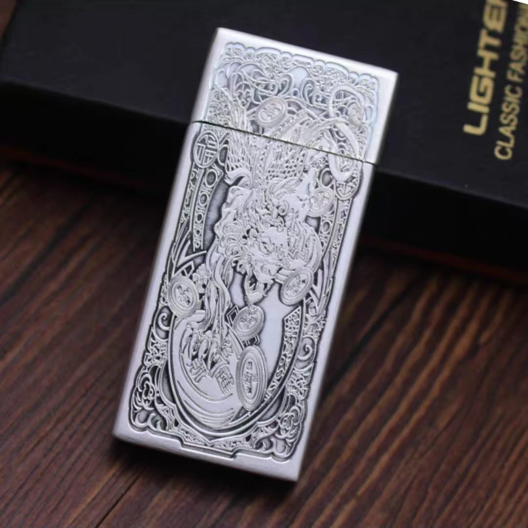 创意镀银纤巧貔貅精雕煤油打火机薄款金属雕花砂轮全新机无燃油