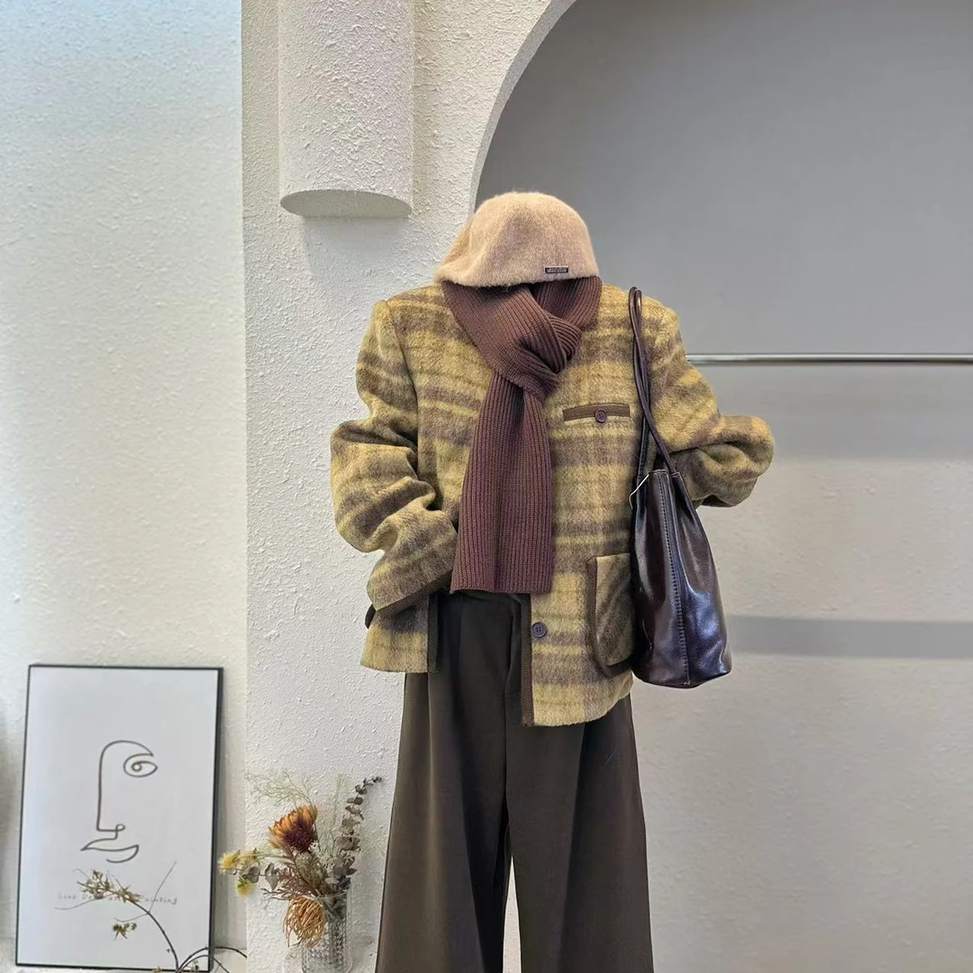 【绒冬格调】设计感复古撞色格纹外套+围巾-6632-YR