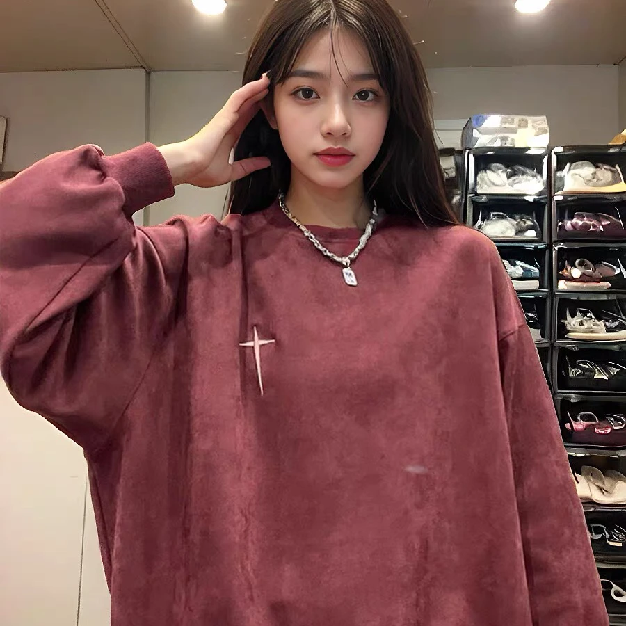 （主播同款）刺绣圆领卫衣350g重磅春秋麂皮绒没事情侣长袖上衣