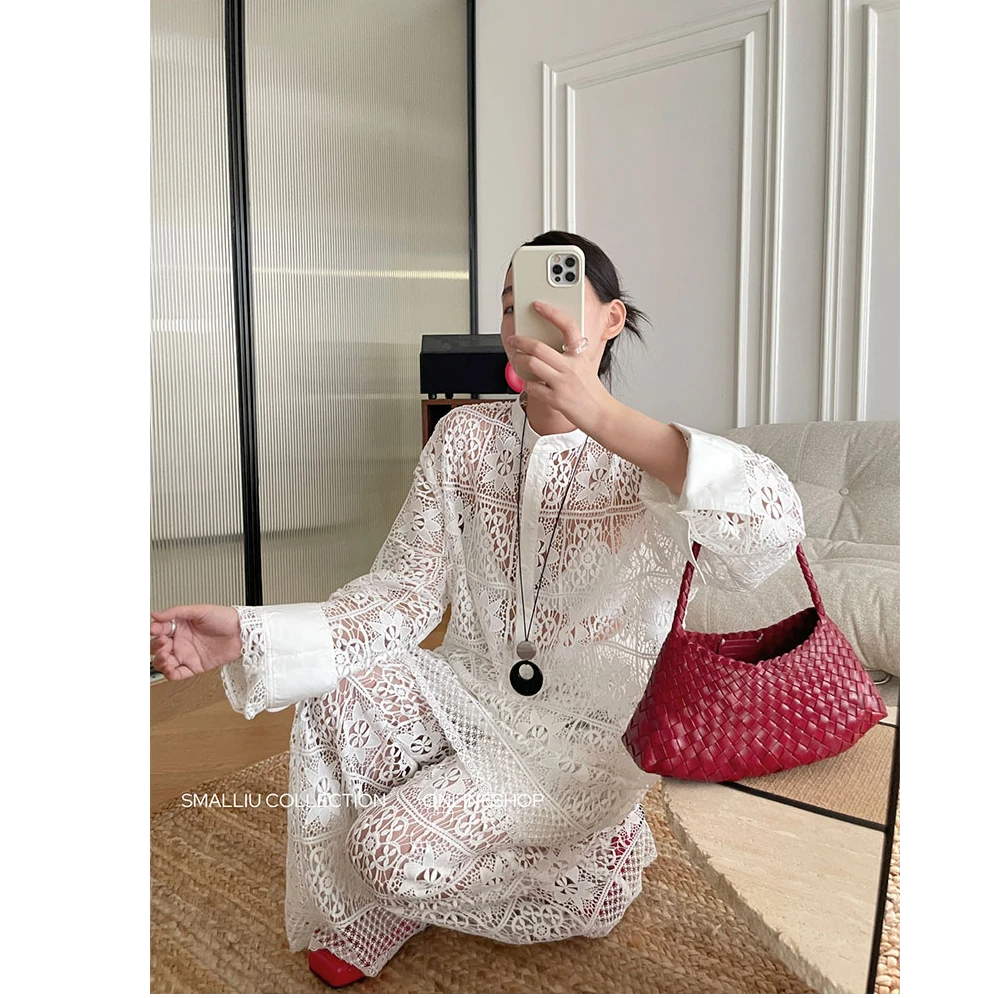 SMALLIU 民族风缕空蕾丝衬衫长裤套装