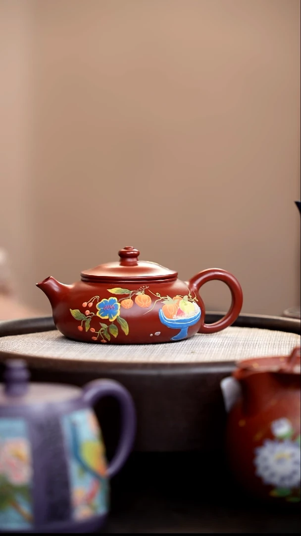 茶壶紫砂001 朱泥寒江泥绘果盘