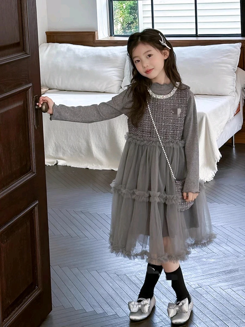 【加厚年款小香风两件套裙】女童公主纱裙背心针织套裙礼服裙2609
