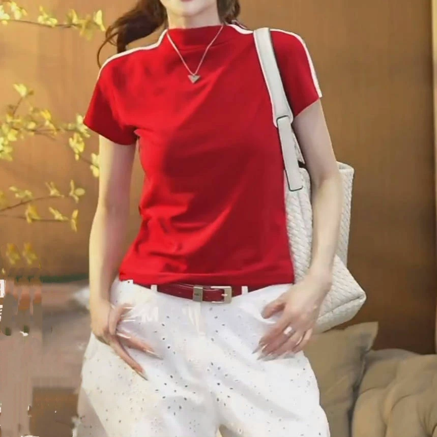 设计感洋气百搭圆领T恤女2025夏季新款运动休闲短袖修身显瘦上衣