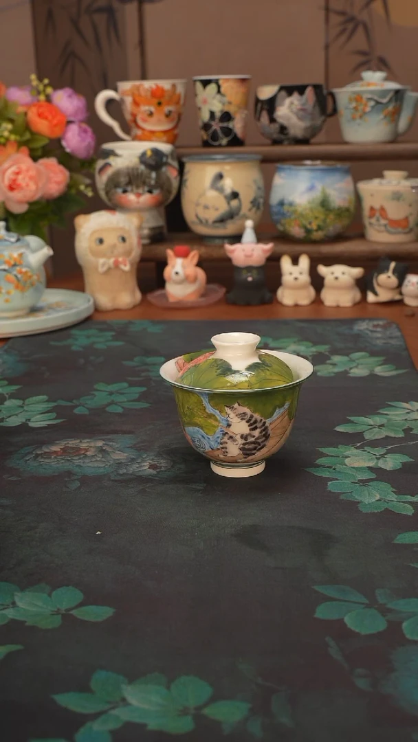 紫霞   荷叶荷花钓鱼猫猫盖碗