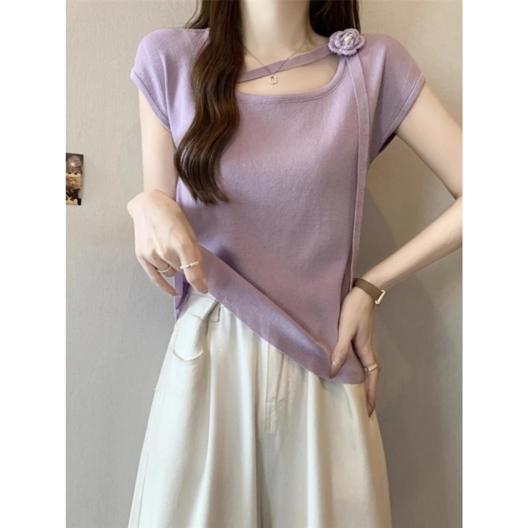 方领短袖T恤修身露肩短款上衣修身v领短款打底衫时尚圆领纯色