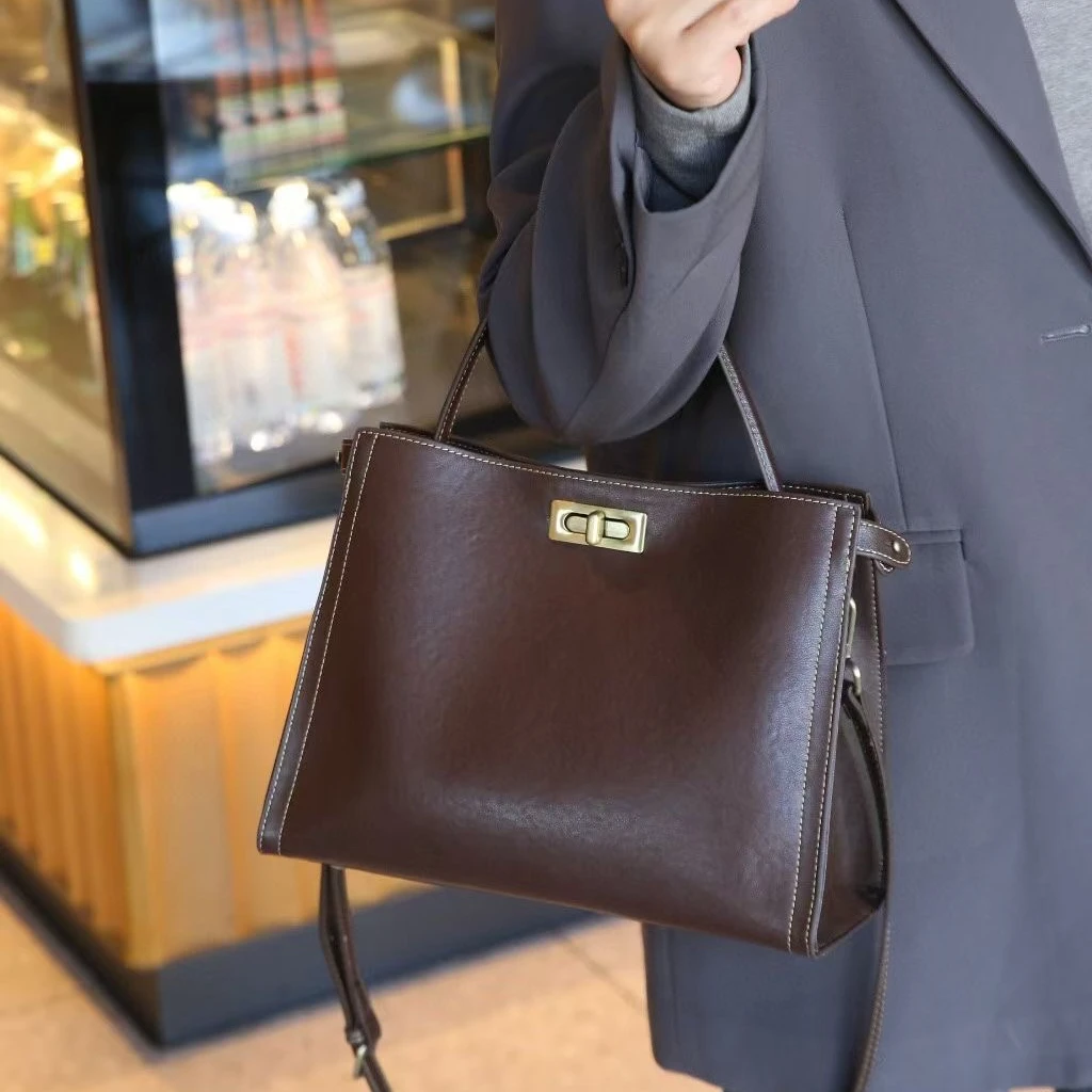 高端牛皮女包轻奢百搭手提包通勤包简约托特包小方包单肩斜挎505