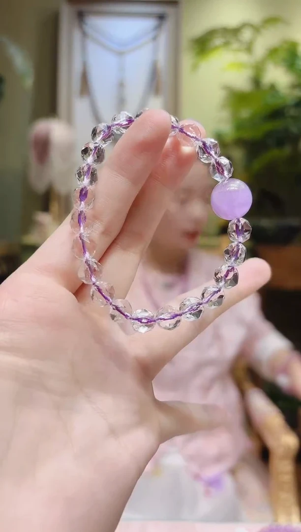 【闪购商品】水晶手串未镶嵌紫锂辉顶珠切割面白水晶手串