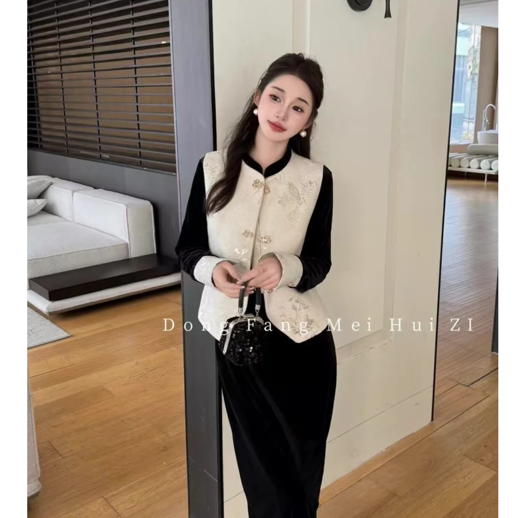 气质丝绒马甲套裙轻奢时尚百搭复古法式ins重工【芷5908】