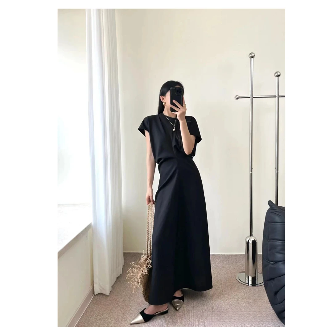 ZX6385简约长裙子修身短袖连衣裙女士春夏季中长款
