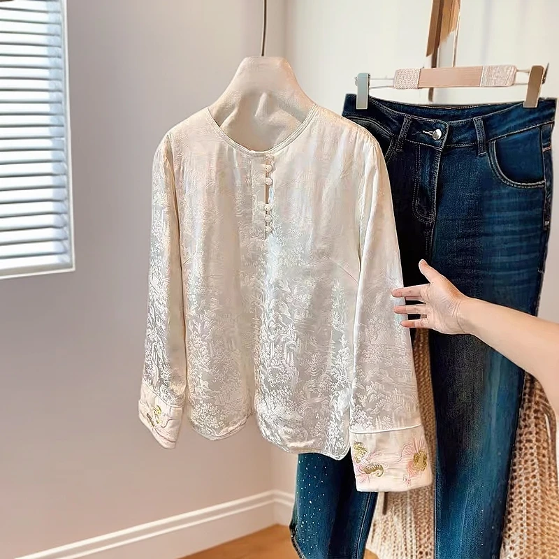 新中式米白色衬衫女秋季新款高级感中国风时尚气质长袖上衣百搭