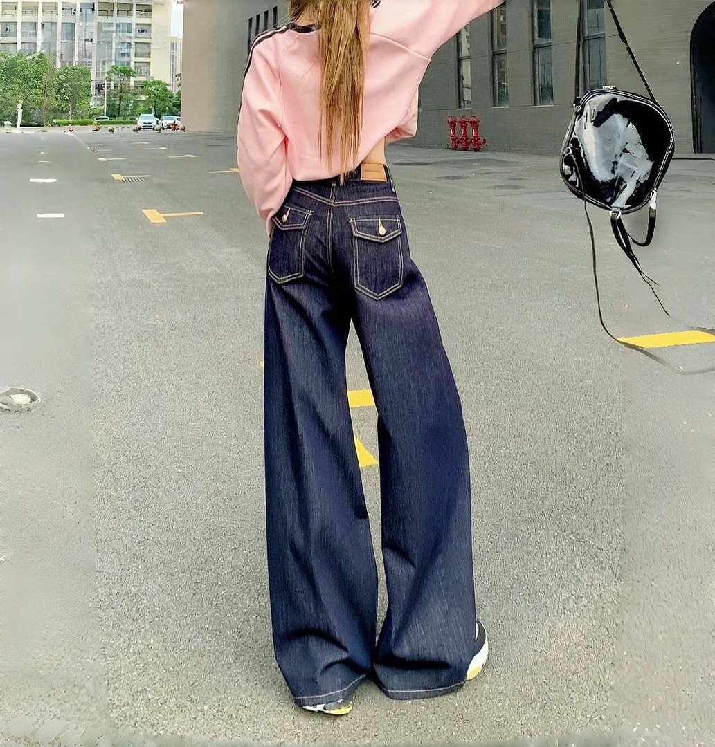 复古丹宁色垂感阔腿牛仔裤女2025秋季新款高腰慵懒风宽松水洗长裤