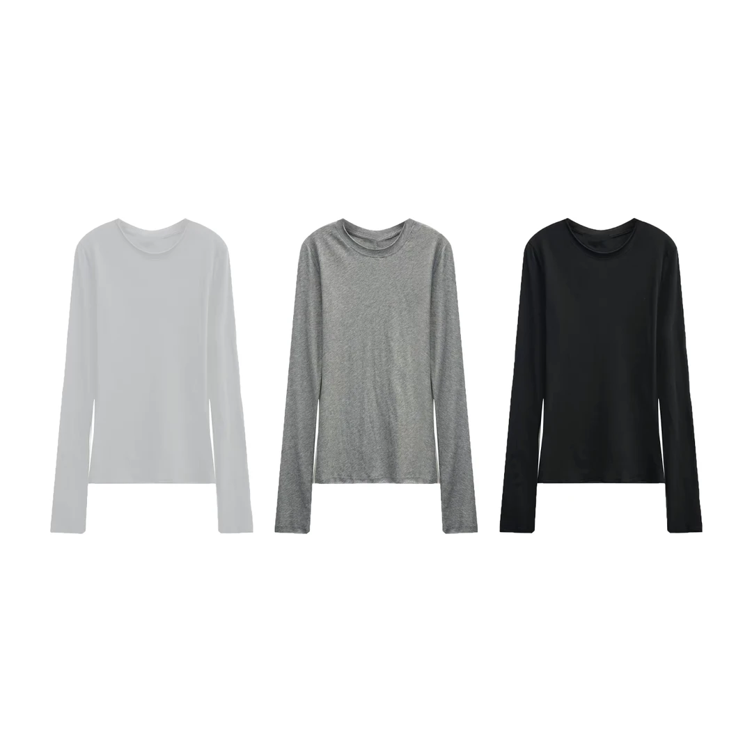 JunJun秋冬简约经典显瘦卷边中缝打低长袖T恤JJ2758