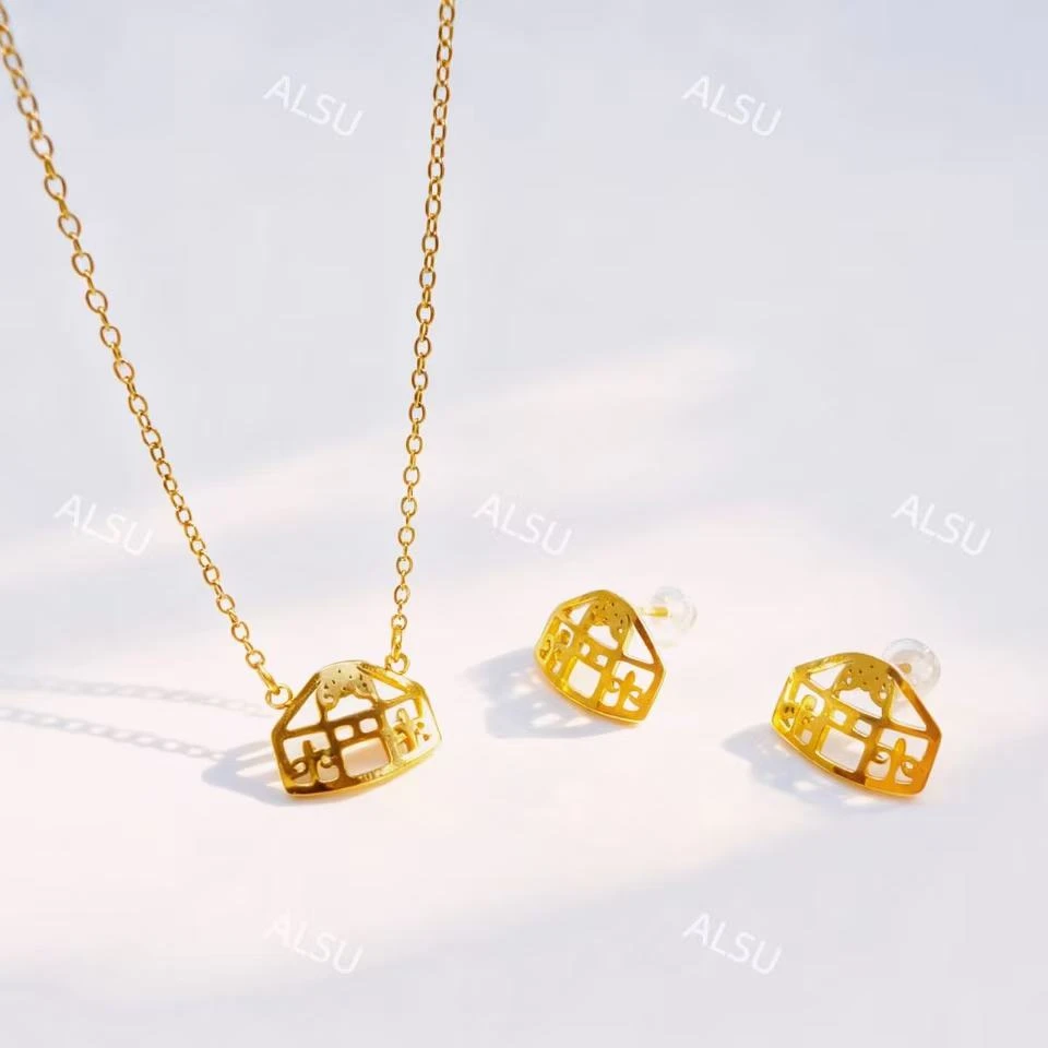 合金项链 ALSU原创经典民族风百搭经典款小毡房项链耳钉两件套