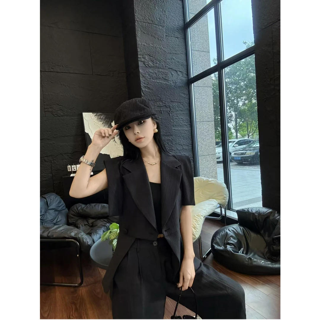 夏季高级感轻奢气场套装薄款设计感修身上衣+阔腿长裤显瘦两件套