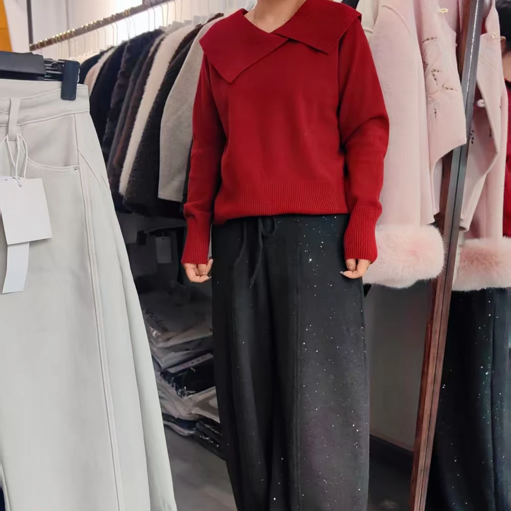 秋季新款不规则翻领针织衫女士宽松显瘦百搭气质毛衣红色