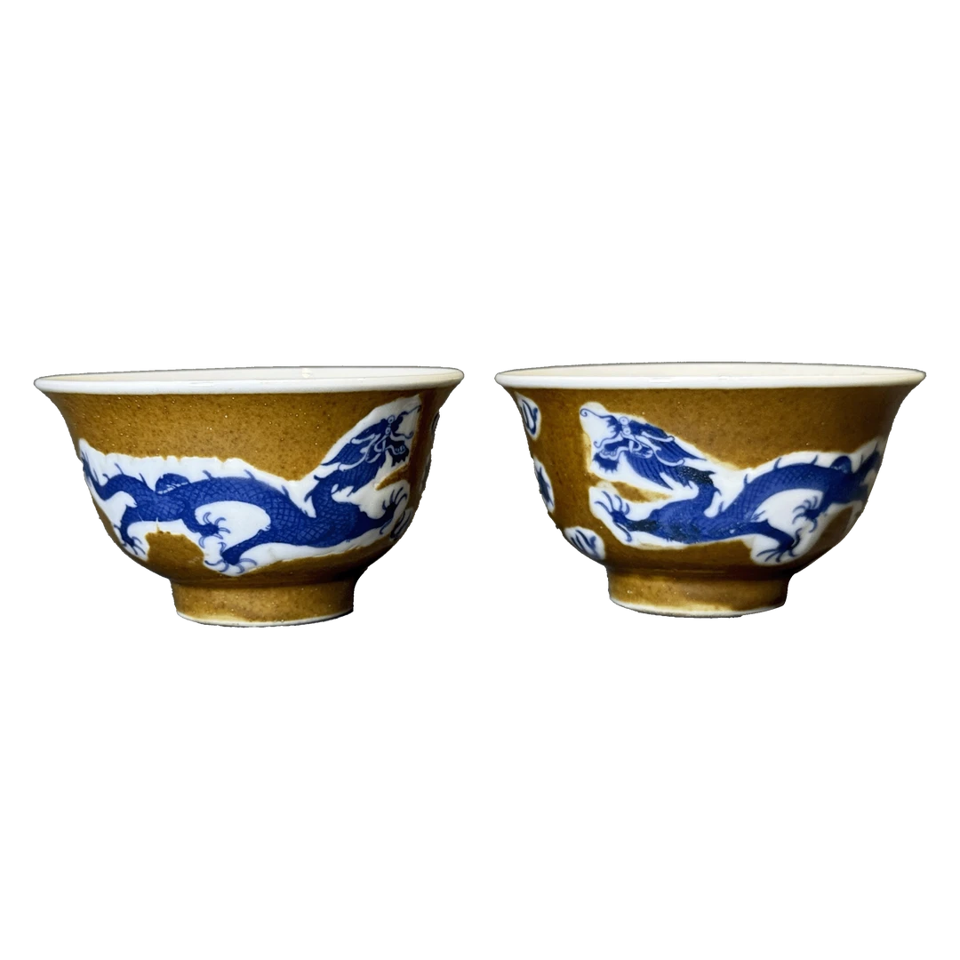 25012019t紫金釉堆白青花龙纹碗（1对）
