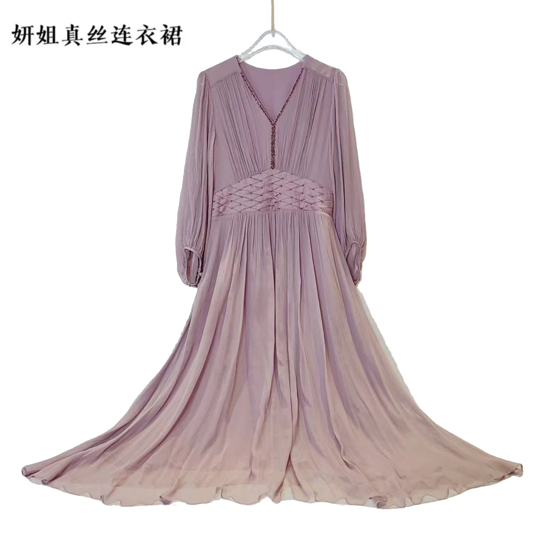 2025妍姐真丝连衣裙优雅高端走秀气质真丝仙气【金盏花】紫色 23128