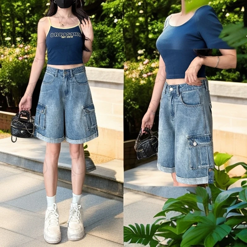 【送腰带】A字版型工装牛仔裤女夏季新款翻边四分显瘦短裤子