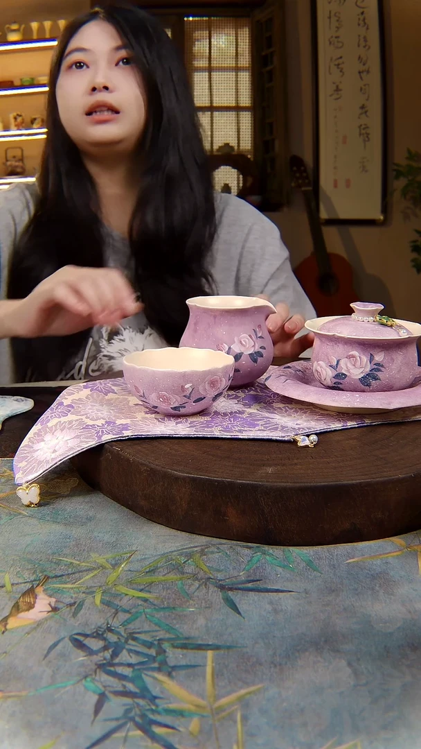 简熹茶器福利放送@手绘玫瑰套组盖碗杯垫公杯普洱杯