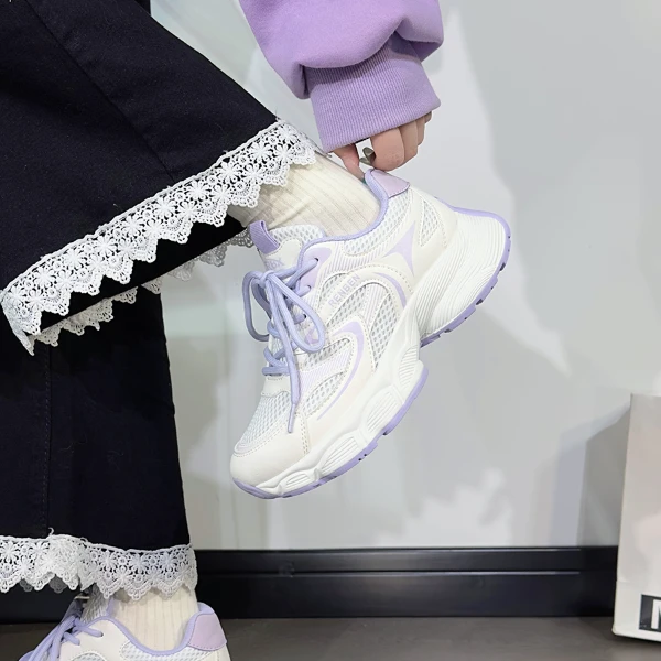 人本紫色老爹鞋女2025新款网面透气学生鞋子厚底增高运动休闲鞋女