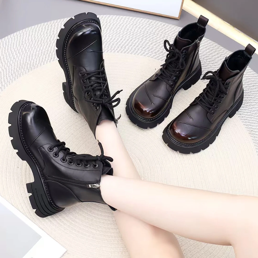 秋冬新款时尚马丁靴2025厚底韩版百搭显瘦圆头系带女短靴86819