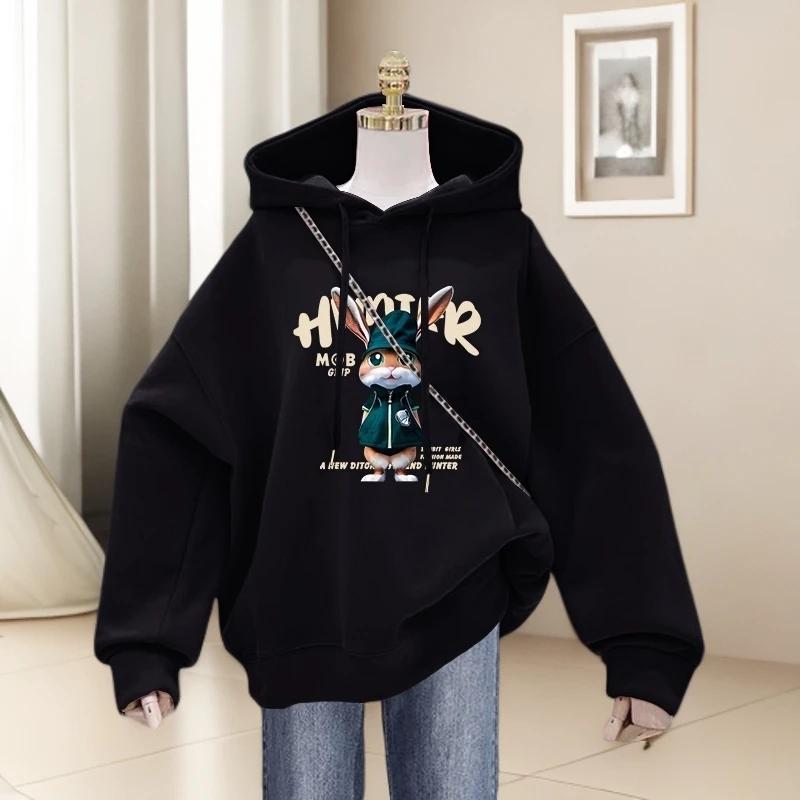 新款字母印花oversize美式宽松大码潮牌卫衣女连帽加绒加厚外套潮