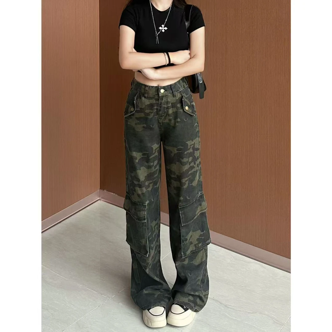 美式高街工装阔腿迷彩牛仔裤女复古高腰宽松多口袋显瘦直筒裤子潮