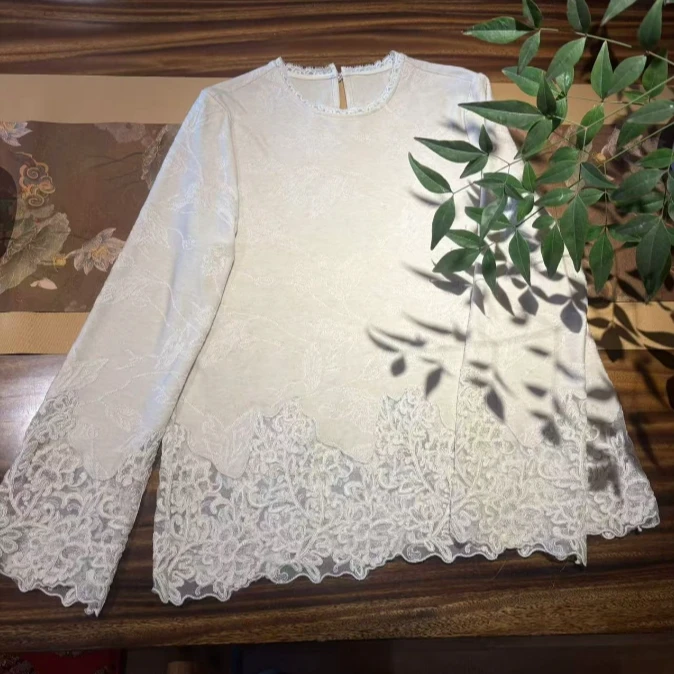 常安 芳华设计新中式复古蕾丝上衣国风羊毛拼接上衣
