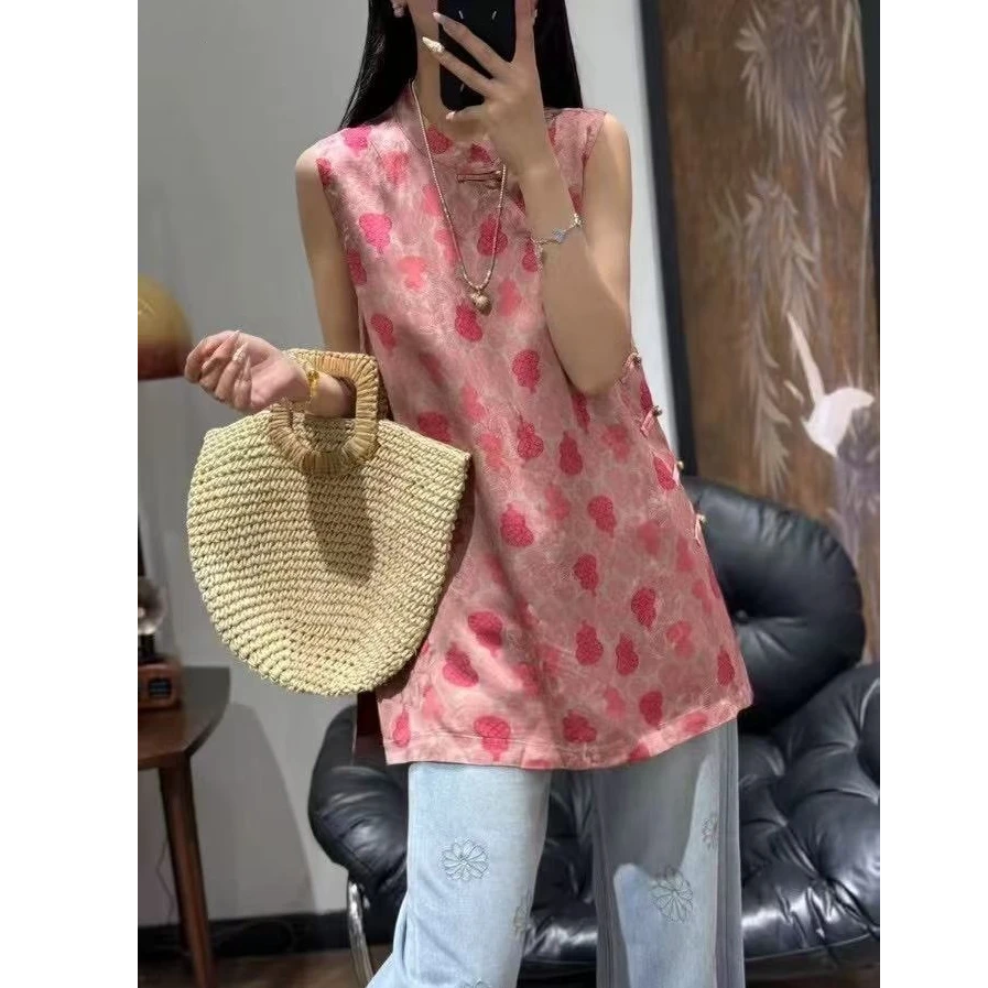 山.尔【粉福禄】100桑蚕丝香云纱无袖上衣