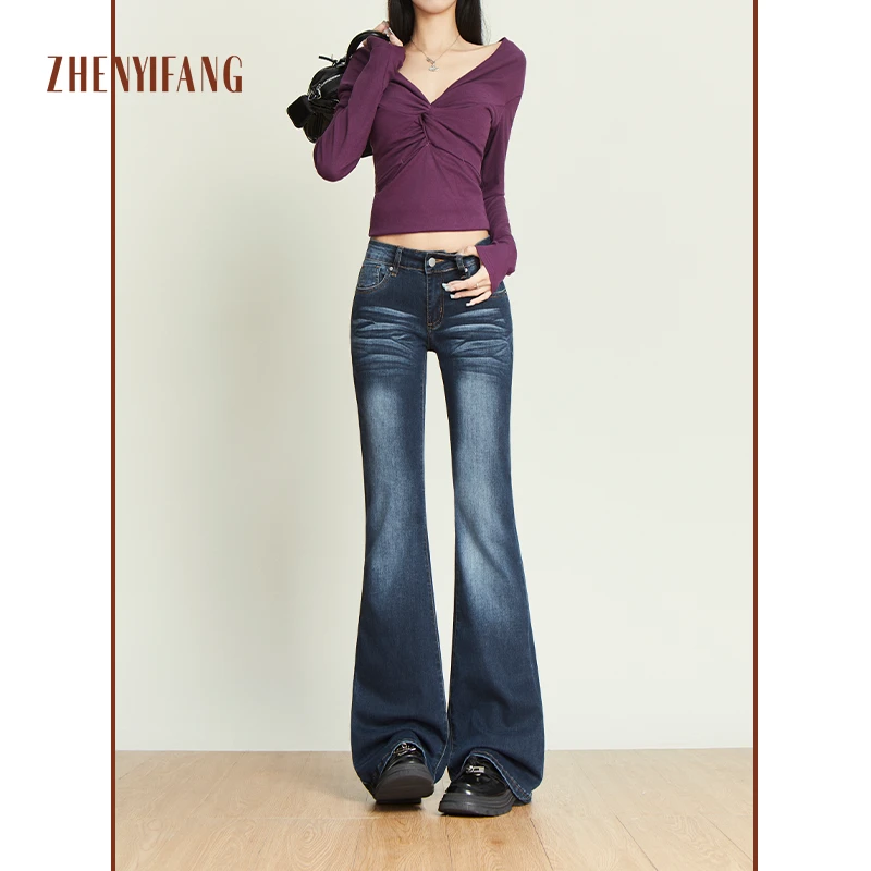 美式复古微喇牛仔裤女2025秋季新款低腰修身拖地喇叭裤