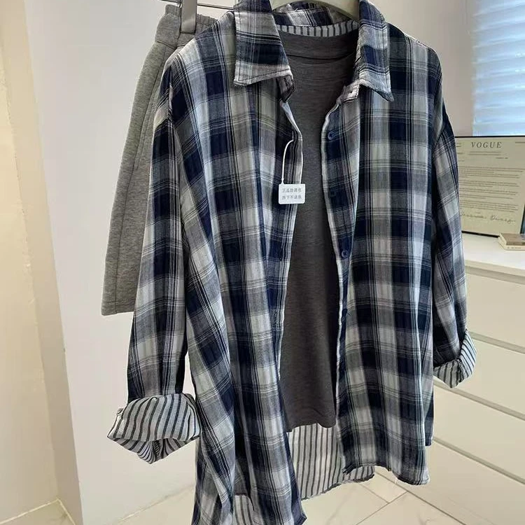 韩系~AB面双层棉纱格子衬衫！早秋慵懒宽松显瘦防晒衬衣薄外套女