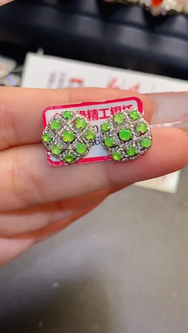 银S925镶嵌翡翠耳饰天然