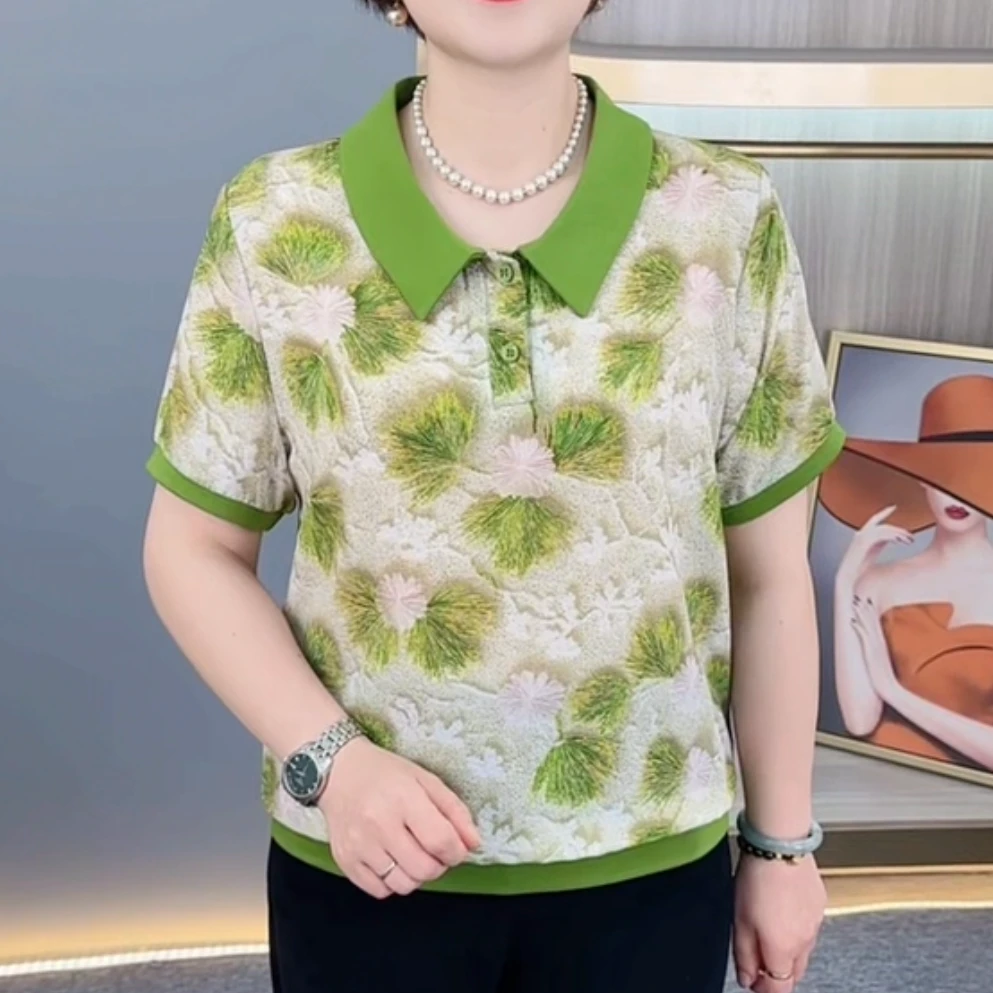 夏季新款时尚翻领印花气质妈妈装宽松显瘦百搭休闲短袖上衣H906