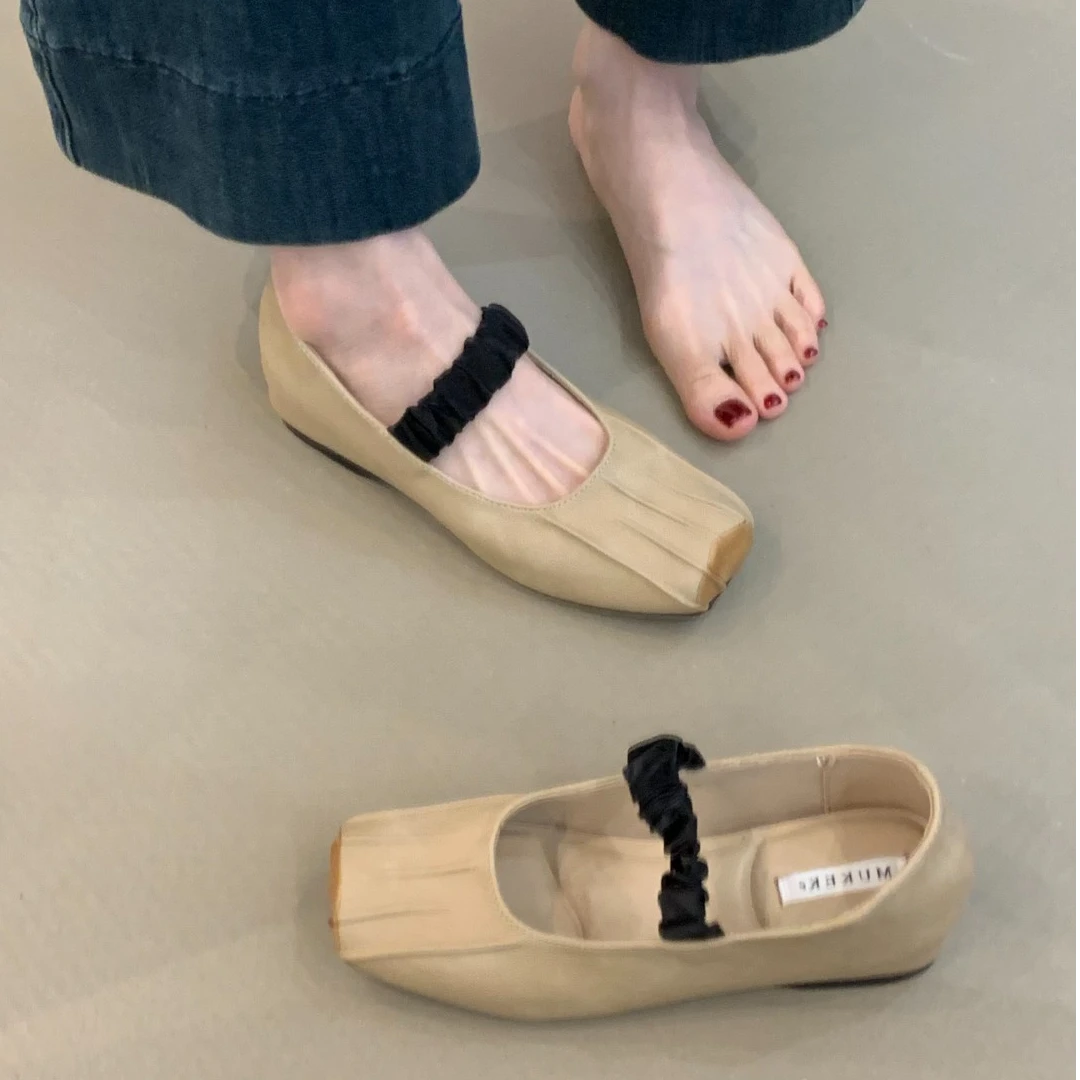 MKK-C375-7法式玛丽珍鞋2025年新款复古方头褶皱内增高猪鼻子单鞋