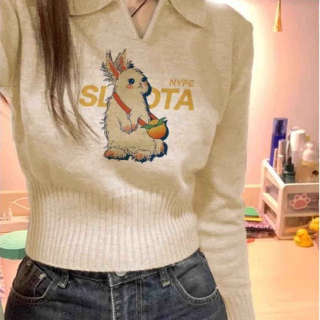 杏色Polo领针织打底衫女2025新款春季洋气内搭保暖短款毛衣上衣